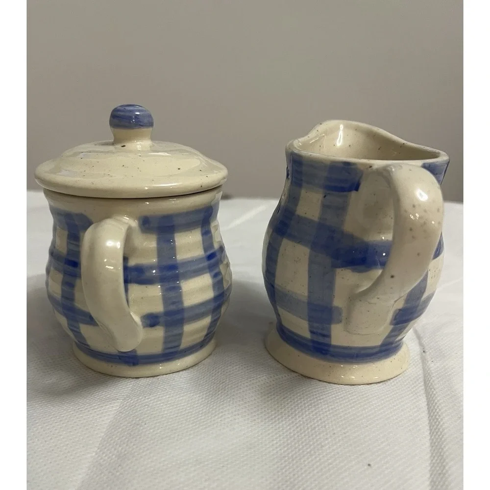 Vtg Cottagecore Blue Gingham Stoneware Cream Sugar Country Farmhouse Decor